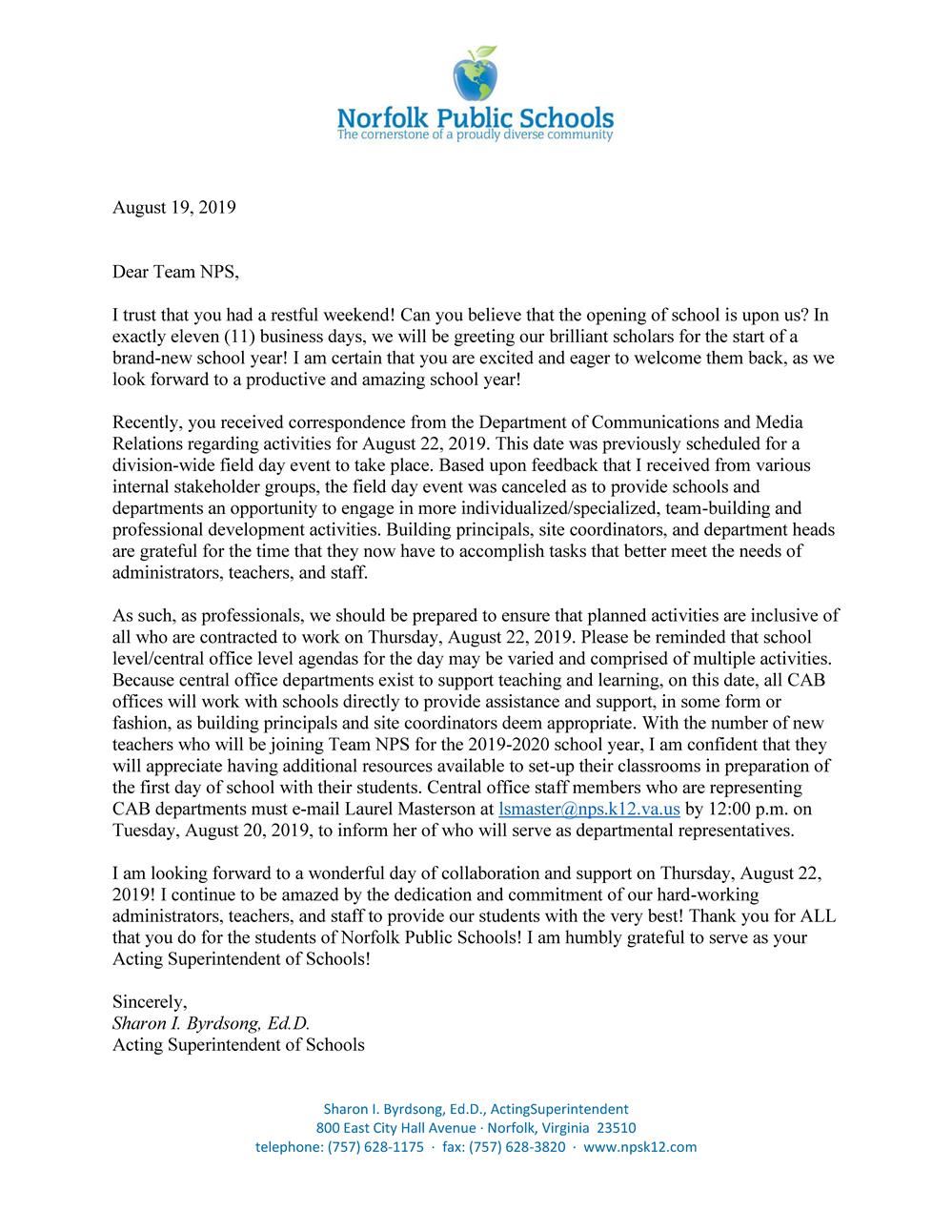  Support Our Schools Message from Dr. Sharon I. Byrdsong
